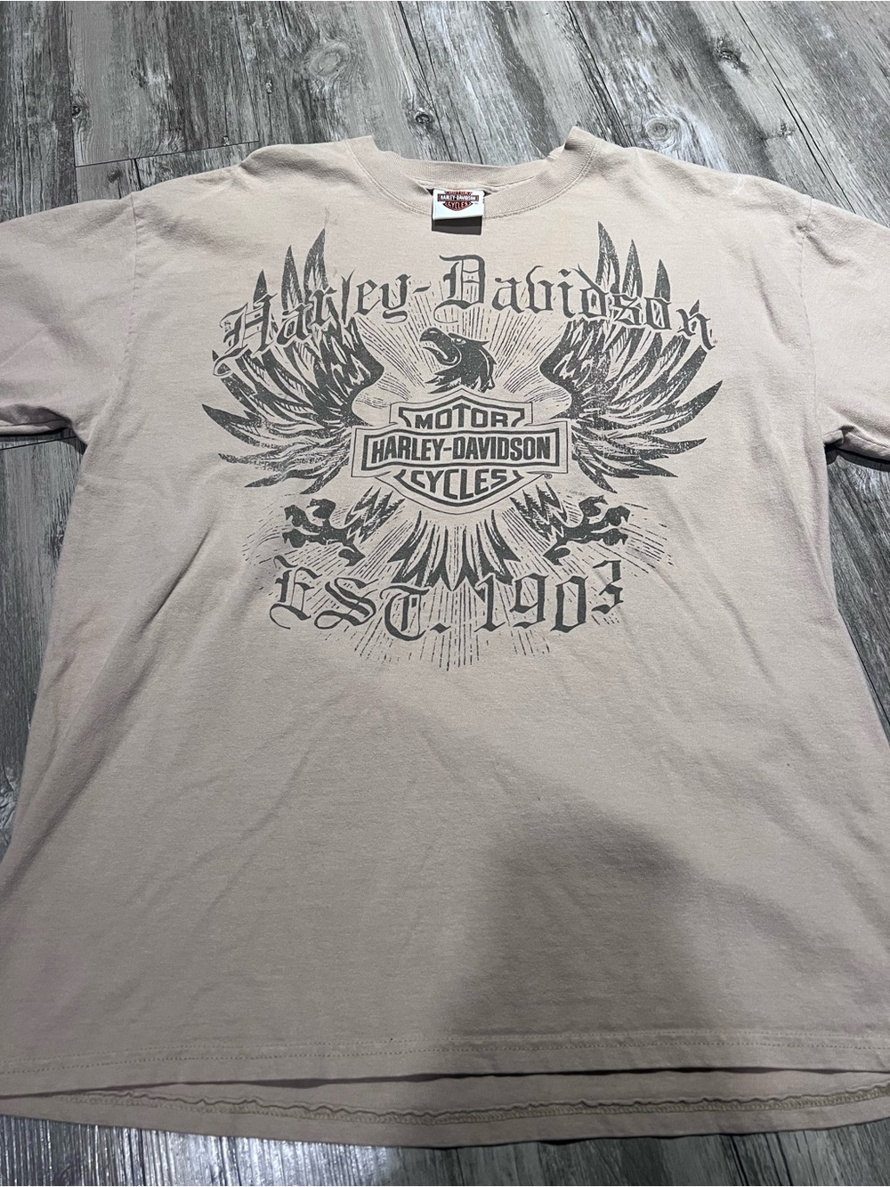 Harley Davidson tan t-shirt with black graphic, Size L some discoloration in pic